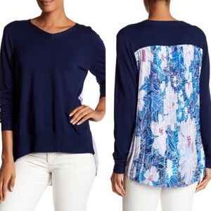 Robert Graham Dada Pleated Floral Mixed Media Navy V-Neck Sweater NWT-Small